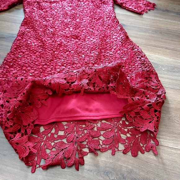 Burgundy 3/4 Sleeve Crochet Lace Dress - Picture 11 of 14
